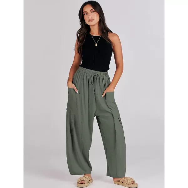imageANRABESS Womens Linen Wide Leg Pants 2024 Summer Casual Elastic Waistband Drawstring Beach Palazzo Harem Pants TrousersGrey Green