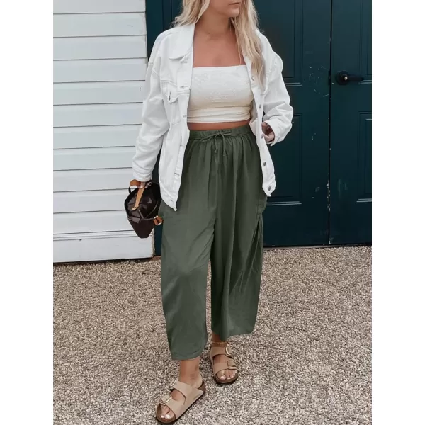 imageANRABESS Womens Linen Wide Leg Pants 2024 Summer Casual Elastic Waistband Drawstring Beach Palazzo Harem Pants TrousersGrey Green