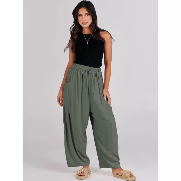 imageANRABESS Womens Linen Wide Leg Pants 2024 Summer Casual Elastic Waistband Drawstring Beach Palazzo Harem Pants TrousersGrey Green