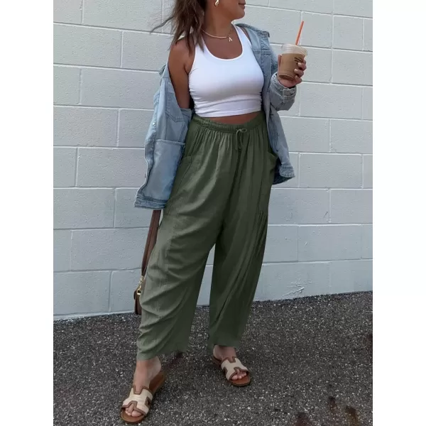 imageANRABESS Womens Linen Wide Leg Pants 2024 Summer Casual Elastic Waistband Drawstring Beach Palazzo Harem Pants TrousersGrey Green