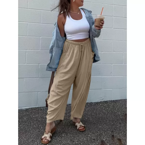 imageANRABESS Womens Linen Wide Leg Pants 2024 Summer Casual Elastic Waistband Drawstring Beach Palazzo Harem Pants TrousersKhaki