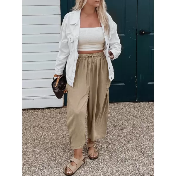 imageANRABESS Womens Linen Wide Leg Pants 2024 Summer Casual Elastic Waistband Drawstring Beach Palazzo Harem Pants TrousersKhaki