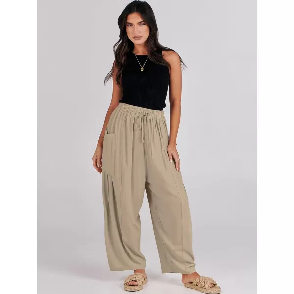 imageANRABESS Womens Linen Wide Leg Pants 2024 Summer Casual Elastic Waistband Drawstring Beach Palazzo Harem Pants TrousersKhaki