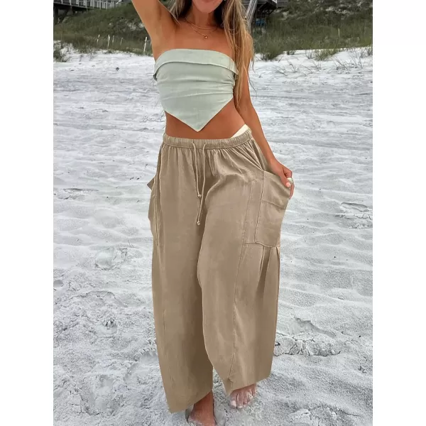 imageANRABESS Womens Linen Wide Leg Pants 2024 Summer Casual Elastic Waistband Drawstring Beach Palazzo Harem Pants TrousersKhaki