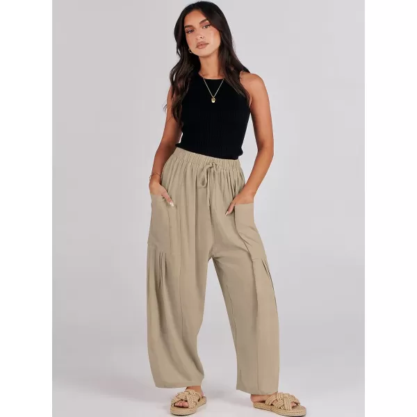 imageANRABESS Womens Linen Wide Leg Pants 2024 Summer Casual Elastic Waistband Drawstring Beach Palazzo Harem Pants TrousersKhaki