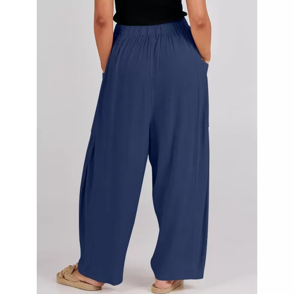 imageANRABESS Womens Linen Wide Leg Pants 2024 Summer Casual Elastic Waistband Drawstring Beach Palazzo Harem Pants TrousersNavy Blue