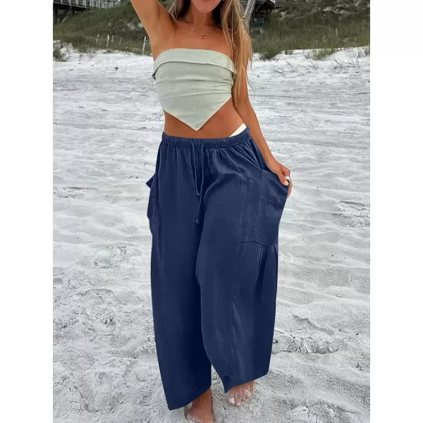 imageANRABESS Womens Linen Wide Leg Pants 2024 Summer Casual Elastic Waistband Drawstring Beach Palazzo Harem Pants TrousersNavy Blue