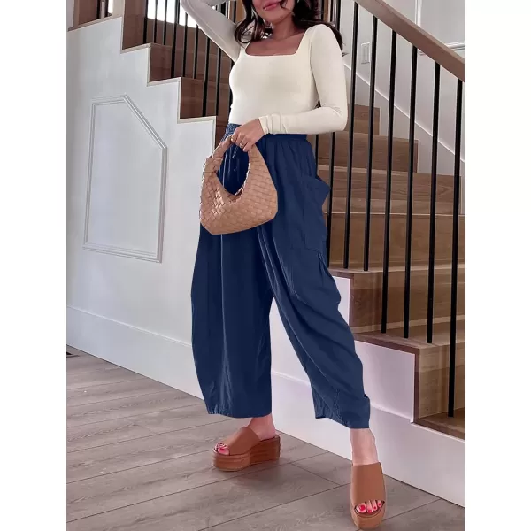 imageANRABESS Womens Linen Wide Leg Pants 2024 Summer Casual Elastic Waistband Drawstring Beach Palazzo Harem Pants TrousersNavy Blue