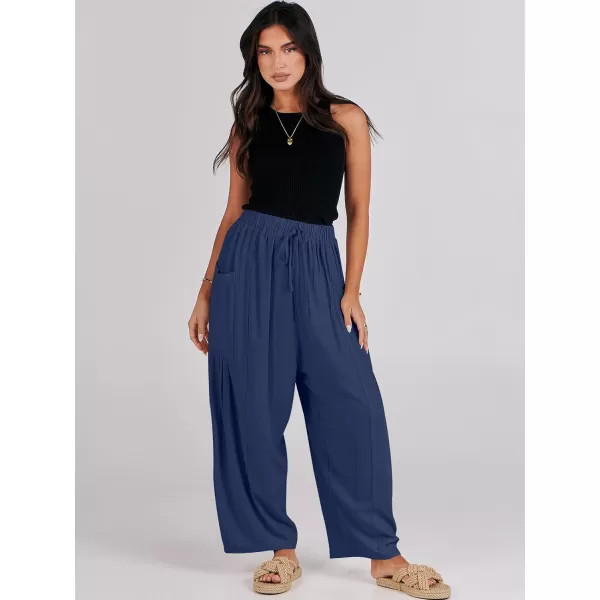 imageANRABESS Womens Linen Wide Leg Pants 2024 Summer Casual Elastic Waistband Drawstring Beach Palazzo Harem Pants TrousersNavy Blue