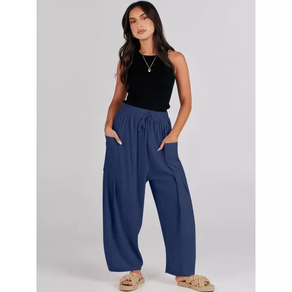 imageANRABESS Womens Linen Wide Leg Pants 2024 Summer Casual Elastic Waistband Drawstring Beach Palazzo Harem Pants TrousersNavy Blue