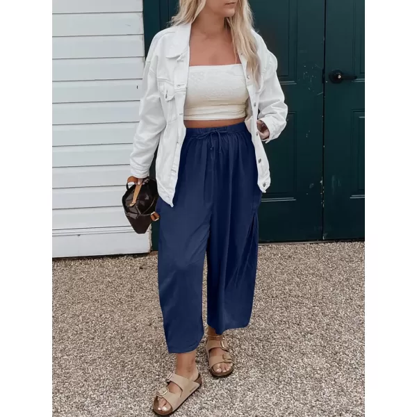 imageANRABESS Womens Linen Wide Leg Pants 2024 Summer Casual Elastic Waistband Drawstring Beach Palazzo Harem Pants TrousersNavy Blue