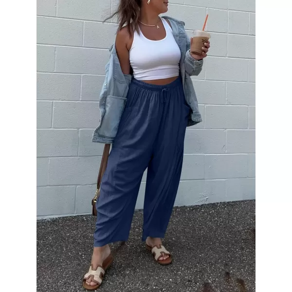 imageANRABESS Womens Linen Wide Leg Pants 2024 Summer Casual Elastic Waistband Drawstring Beach Palazzo Harem Pants TrousersNavy Blue
