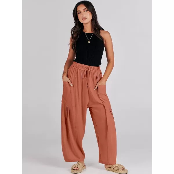 imageANRABESS Womens Linen Wide Leg Pants 2024 Summer Casual Elastic Waistband Drawstring Beach Palazzo Harem Pants TrousersRust