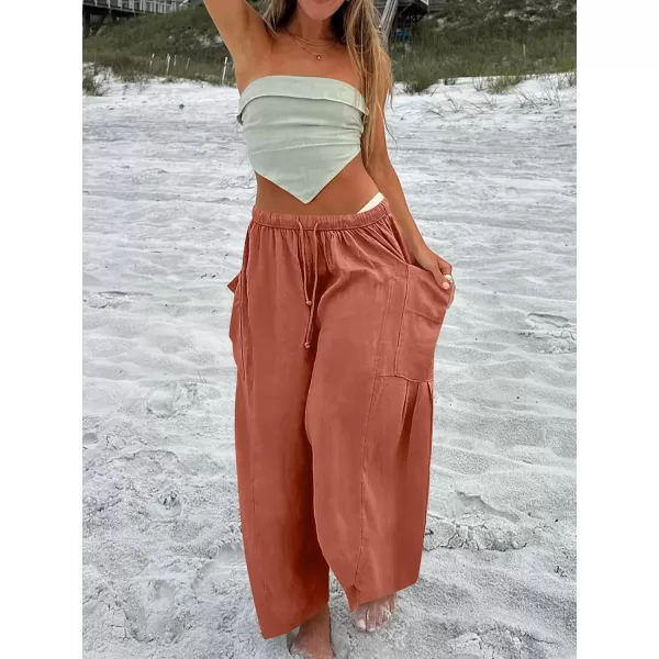 imageANRABESS Womens Linen Wide Leg Pants 2024 Summer Casual Elastic Waistband Drawstring Beach Palazzo Harem Pants TrousersRust