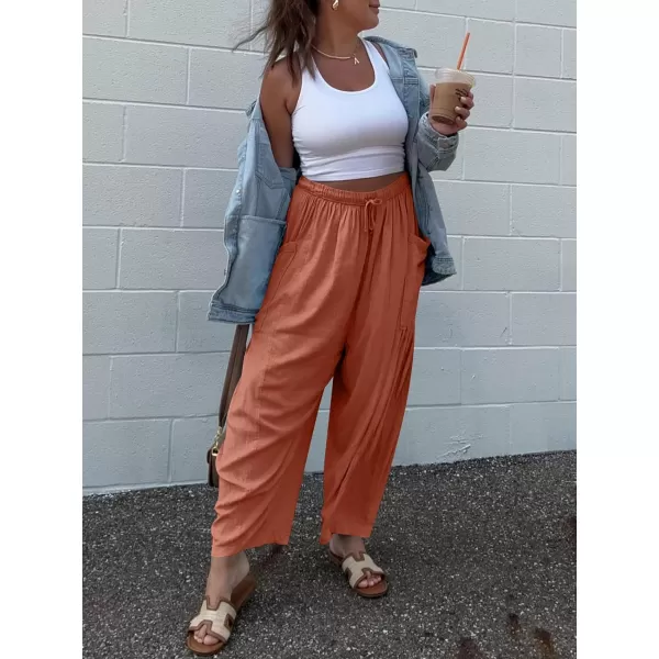 imageANRABESS Womens Linen Wide Leg Pants 2024 Summer Casual Elastic Waistband Drawstring Beach Palazzo Harem Pants TrousersRust