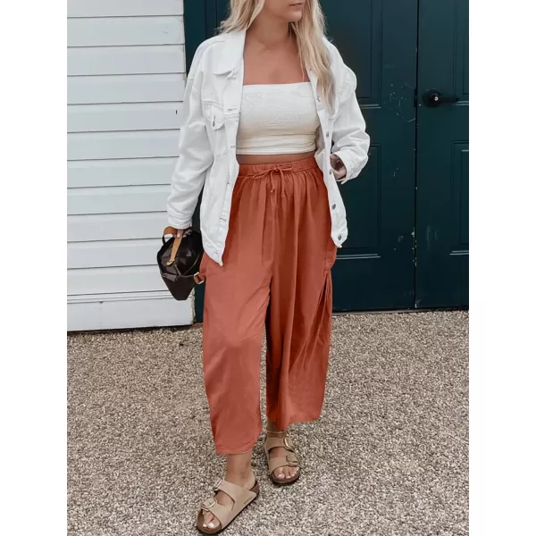imageANRABESS Womens Linen Wide Leg Pants 2024 Summer Casual Elastic Waistband Drawstring Beach Palazzo Harem Pants TrousersRust