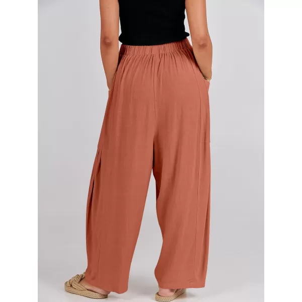 imageANRABESS Womens Linen Wide Leg Pants 2024 Summer Casual Elastic Waistband Drawstring Beach Palazzo Harem Pants TrousersRust