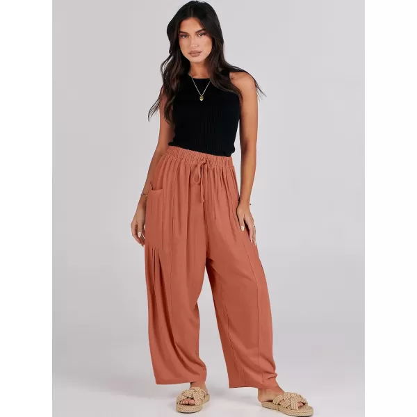 imageANRABESS Womens Linen Wide Leg Pants 2024 Summer Casual Elastic Waistband Drawstring Beach Palazzo Harem Pants TrousersRust