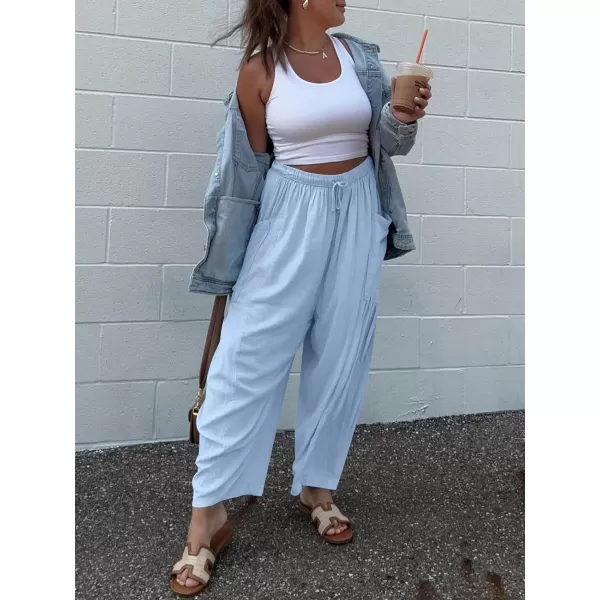 imageANRABESS Womens Linen Wide Leg Pants 2024 Summer Casual Elastic Waistband Drawstring Beach Palazzo Harem Pants TrousersSky Blue