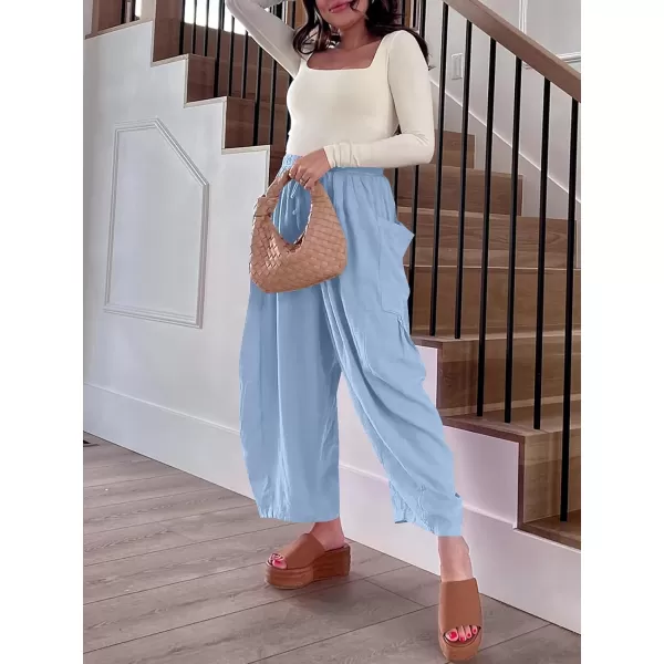 imageANRABESS Womens Linen Wide Leg Pants 2024 Summer Casual Elastic Waistband Drawstring Beach Palazzo Harem Pants TrousersSky Blue
