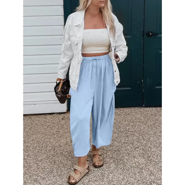 imageANRABESS Womens Linen Wide Leg Pants 2024 Summer Casual Elastic Waistband Drawstring Beach Palazzo Harem Pants TrousersSky Blue