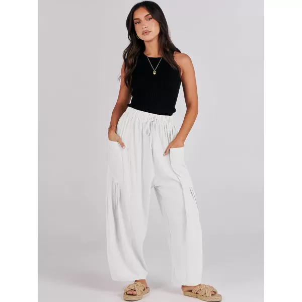 imageANRABESS Womens Linen Wide Leg Pants 2024 Summer Casual Elastic Waistband Drawstring Beach Palazzo Harem Pants TrousersWhite