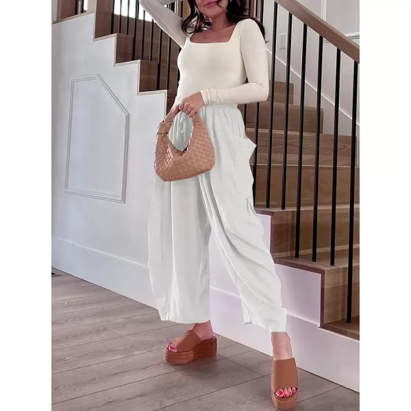 imageANRABESS Womens Linen Wide Leg Pants 2024 Summer Casual Elastic Waistband Drawstring Beach Palazzo Harem Pants TrousersWhite