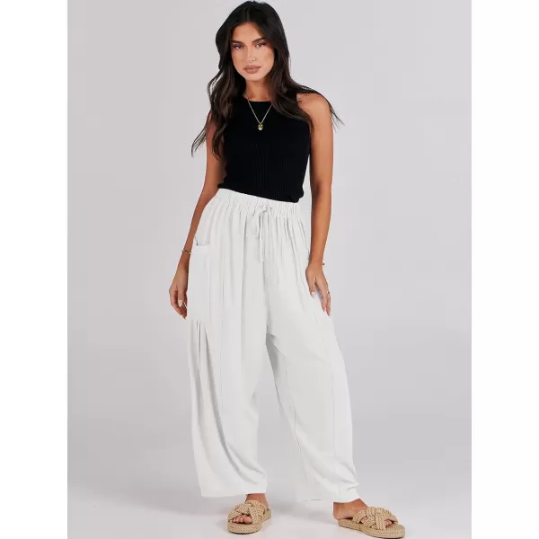 imageANRABESS Womens Linen Wide Leg Pants 2024 Summer Casual Elastic Waistband Drawstring Beach Palazzo Harem Pants TrousersWhite