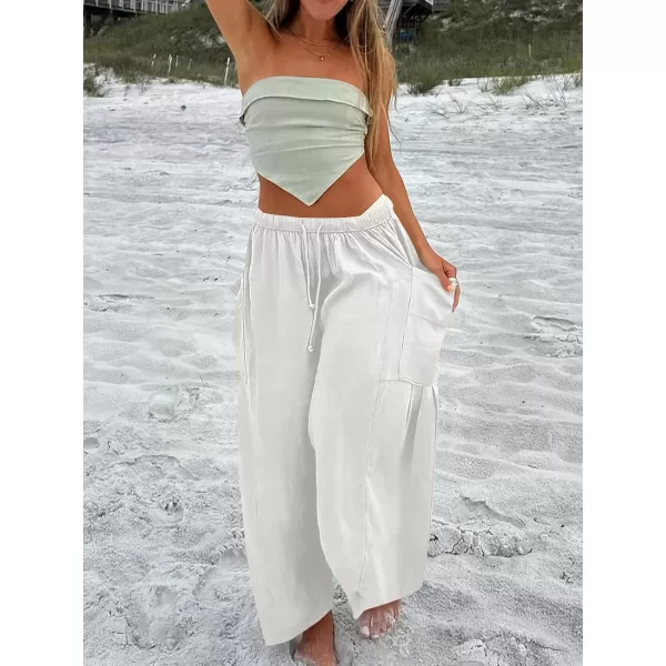 imageANRABESS Womens Linen Wide Leg Pants 2024 Summer Casual Elastic Waistband Drawstring Beach Palazzo Harem Pants TrousersWhite