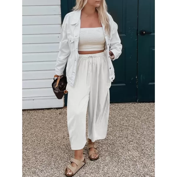 imageANRABESS Womens Linen Wide Leg Pants 2024 Summer Casual Elastic Waistband Drawstring Beach Palazzo Harem Pants TrousersWhite