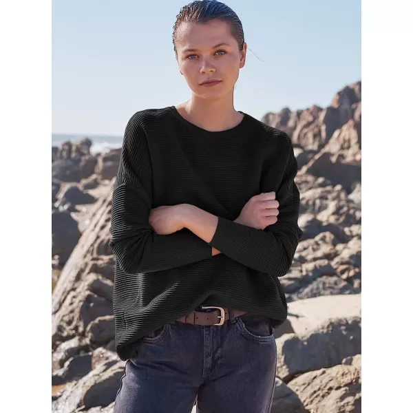 imageANRABESS Womens Long Batwing Sleeve Crewneck Casual Loose Ribbed Knit Fall Sweater Pullover with SplitBlack