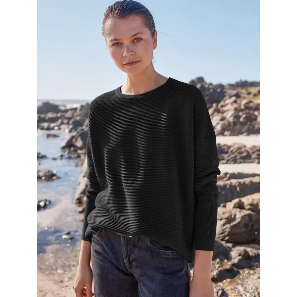 imageANRABESS Womens Long Batwing Sleeve Crewneck Casual Loose Ribbed Knit Fall Sweater Pullover with SplitBlack