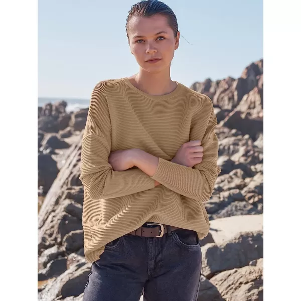 imageANRABESS Womens Long Batwing Sleeve Crewneck Casual Loose Ribbed Knit Fall Sweater Pullover with SplitKhaki