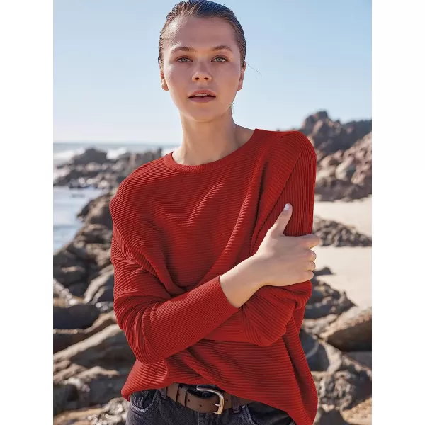 imageANRABESS Womens Long Batwing Sleeve Crewneck Casual Loose Ribbed Knit Fall Sweater Pullover with SplitRed