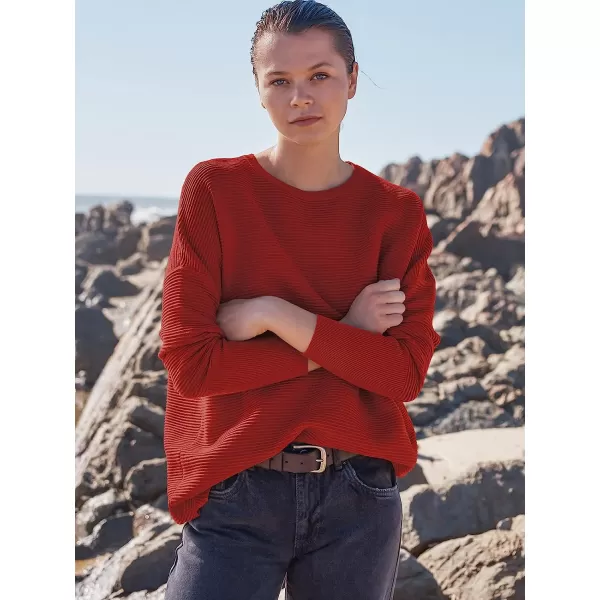 imageANRABESS Womens Long Batwing Sleeve Crewneck Casual Loose Ribbed Knit Fall Sweater Pullover with SplitRed