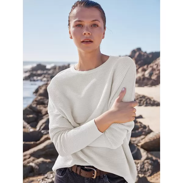 imageANRABESS Womens Long Batwing Sleeve Crewneck Casual Loose Ribbed Knit Fall Sweater Pullover with SplitWhite