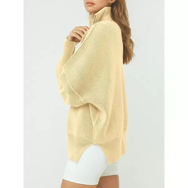 imageANRABESS Womens Long Sleeve 14 Zipper Collar Drop Shoulder Oversized Slouchy Sweatshirt Pullover Sweater with SlitApricot