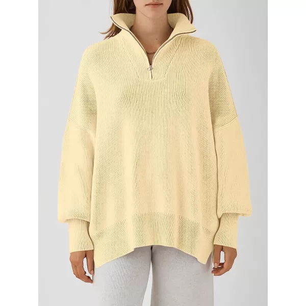 imageANRABESS Womens Long Sleeve 14 Zipper Collar Drop Shoulder Oversized Slouchy Sweatshirt Pullover Sweater with SlitApricot