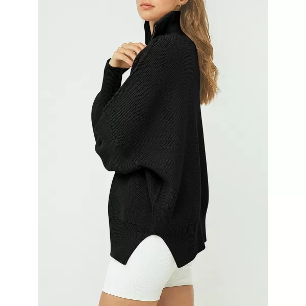 imageANRABESS Womens Long Sleeve 14 Zipper Collar Drop Shoulder Oversized Slouchy Sweatshirt Pullover Sweater with SlitBlack