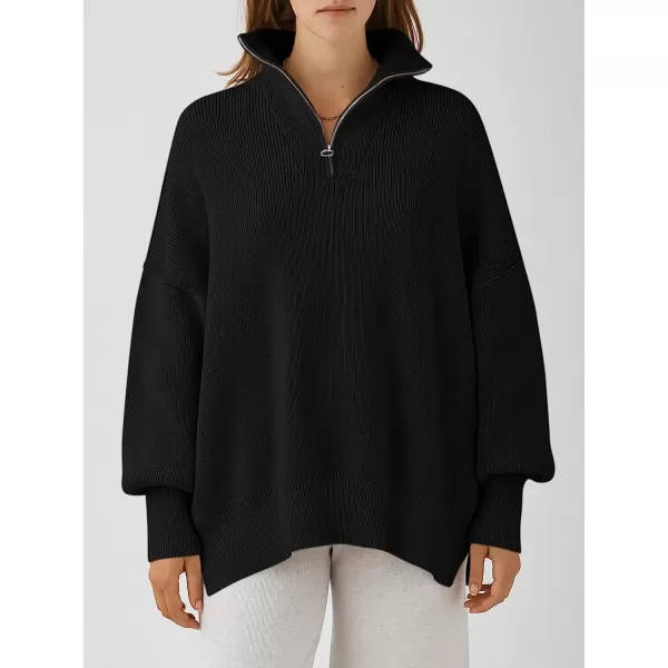 imageANRABESS Womens Long Sleeve 14 Zipper Collar Drop Shoulder Oversized Slouchy Sweatshirt Pullover Sweater with SlitBlack