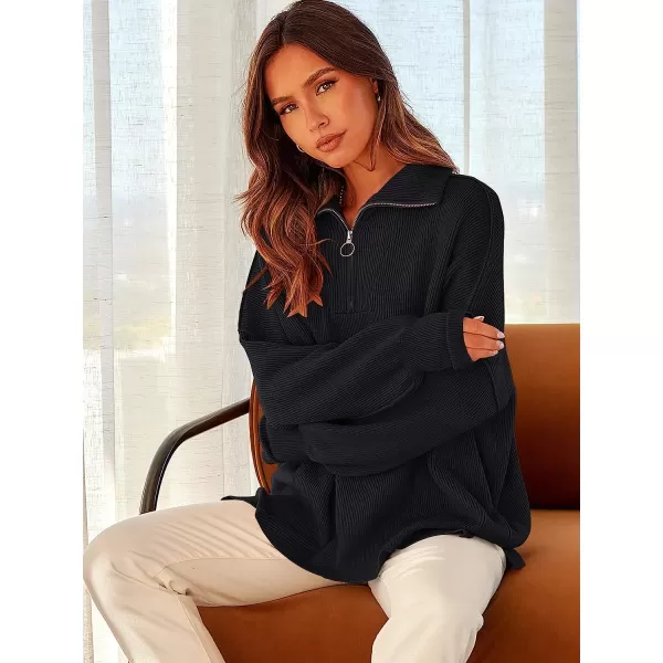 imageANRABESS Womens Long Sleeve 14 Zipper Collar Drop Shoulder Oversized Slouchy Sweatshirt Pullover Sweater with SlitBlack Blue