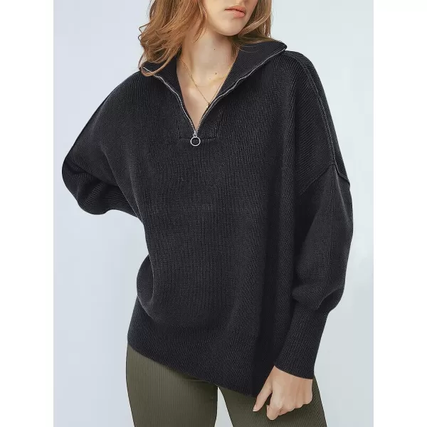 imageANRABESS Womens Long Sleeve 14 Zipper Collar Drop Shoulder Oversized Slouchy Sweatshirt Pullover Sweater with SlitBlack Blue