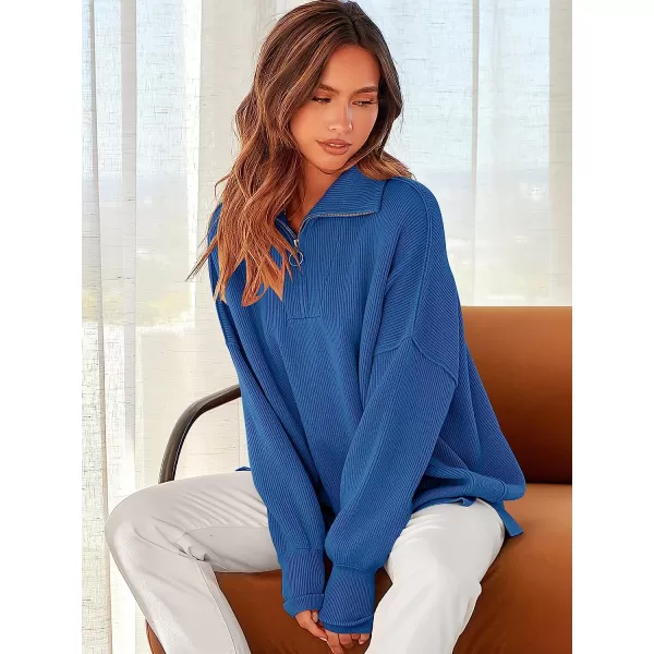 imageANRABESS Womens Long Sleeve 14 Zipper Collar Drop Shoulder Oversized Slouchy Sweatshirt Pullover Sweater with SlitBlue