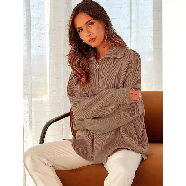 imageANRABESS Womens Long Sleeve 14 Zipper Collar Drop Shoulder Oversized Slouchy Sweatshirt Pullover Sweater with SlitBrown