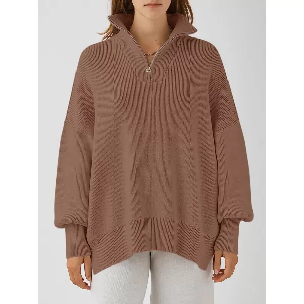 imageANRABESS Womens Long Sleeve 14 Zipper Collar Drop Shoulder Oversized Slouchy Sweatshirt Pullover Sweater with SlitBrown