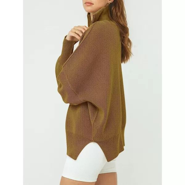 imageANRABESS Womens Long Sleeve 14 Zipper Collar Drop Shoulder Oversized Slouchy Sweatshirt Pullover Sweater with SlitCamel