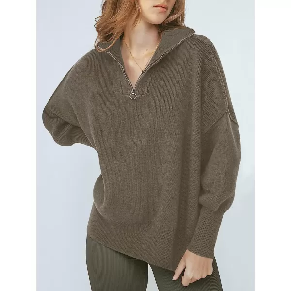 imageANRABESS Womens Long Sleeve 14 Zipper Collar Drop Shoulder Oversized Slouchy Sweatshirt Pullover Sweater with SlitCoffee Gray
