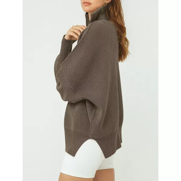 imageANRABESS Womens Long Sleeve 14 Zipper Collar Drop Shoulder Oversized Slouchy Sweatshirt Pullover Sweater with SlitCoffee Gray