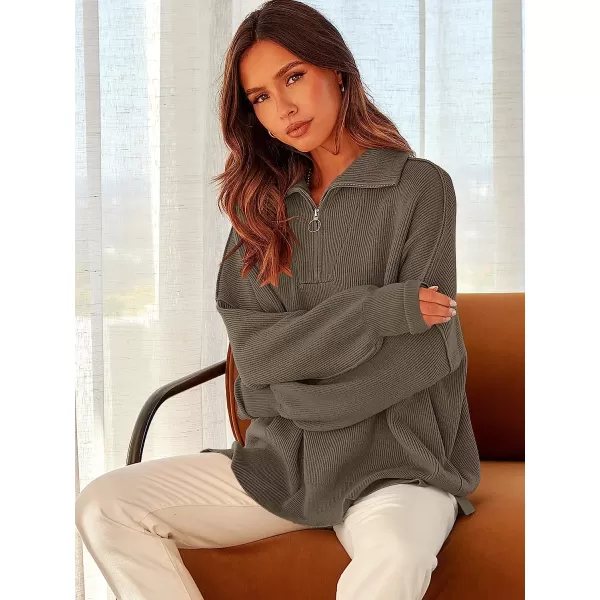 imageANRABESS Womens Long Sleeve 14 Zipper Collar Drop Shoulder Oversized Slouchy Sweatshirt Pullover Sweater with SlitCoffee Gray