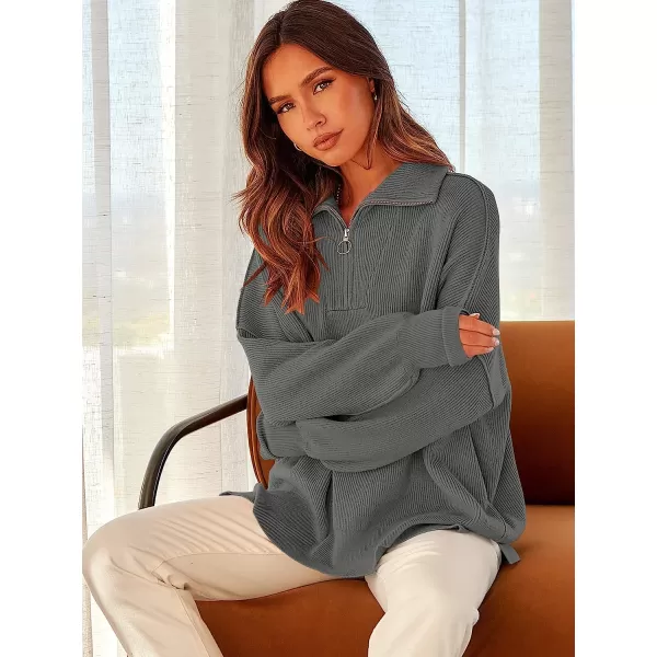 imageANRABESS Womens Long Sleeve 14 Zipper Collar Drop Shoulder Oversized Slouchy Sweatshirt Pullover Sweater with SlitDark Gray